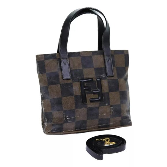 FENDI Pecan Canvas Hand Bag 2way Brown Black - Picture 1 of 16